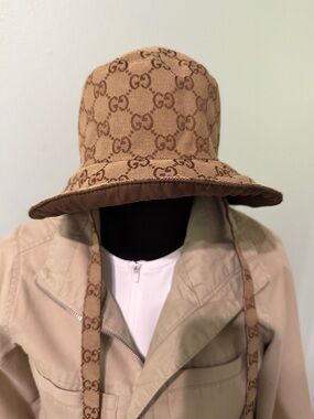 Gucci Beige/Brown GG Monogram Bucket Hat with Chin Straps